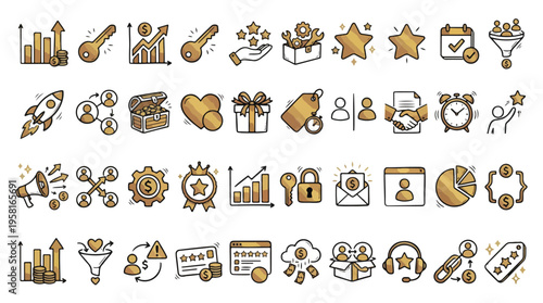 Business Marketing Icon Set in Gold Hand-drawn Style. A collection of icons including growth, rocket, funnel, stars, key, money, gears, feedback, achievement, strategy, and more. Vector set.