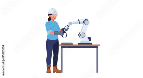 An illustrated female engineer in a hard hat and safety glasses operates a robotic arm on a table against a white background.