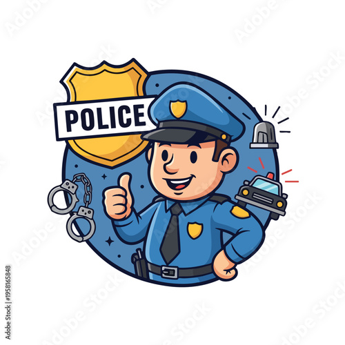 Cartoon police officer with badge, handcuffs, car, and siren giving thumbs up