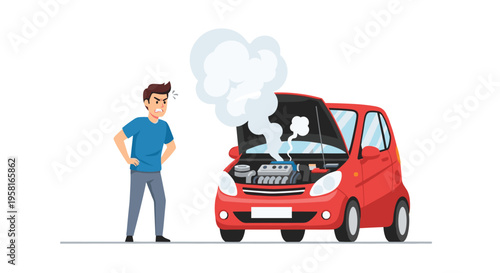 An angry man stands frustrated beside a broken-down red car with smoke billowing from its open hood.