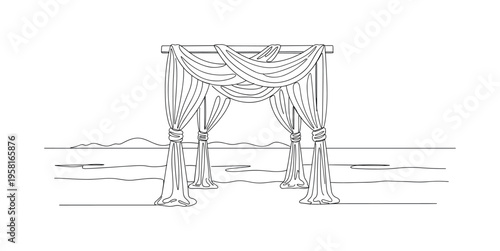 Beach Wedding Altar. Minimalistic one-line drawing simple altar on sand with flowing drapery and sea background, continuous single black line on