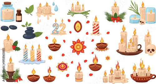 Decorative candle collection with dripping wax diyas spa aromatherapy festive lights and holiday elements vector illustration set