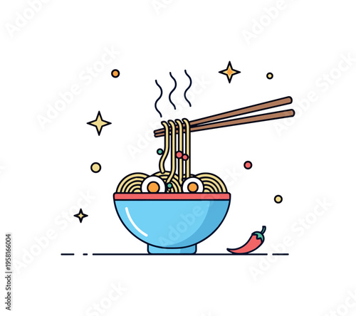 Hot ramen bowl cozy noodle dish with chopsticks lifting a small portion of noodles while aromatic steam swirls gently above the bowl. Decorative stars and a