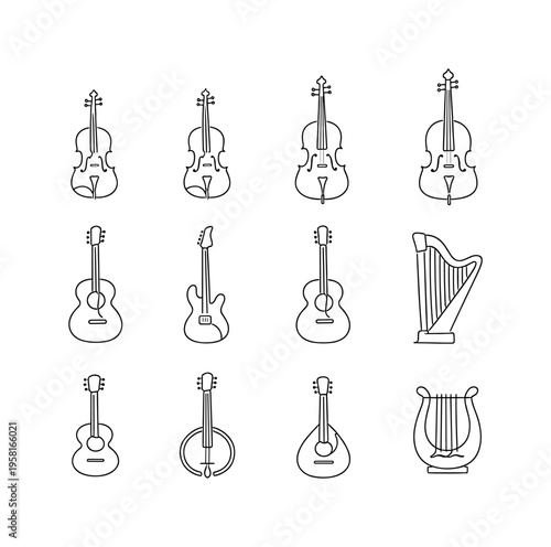 String Instruments Set. Minimalistic set one-line drawing violin, viola, cello, double bass, acoustic guitar, electric guitar, classical guitar, harp, ukulele,