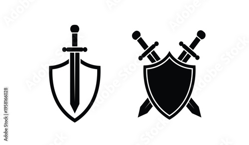 Silhouette of shield and sword icons in black and white featuring two crossed swords and a protective emblem silhouette