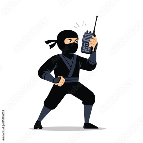 A ninja in black attire holds up a walkie-talkie, appearing ready for action
