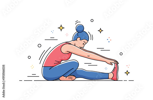 Gentle stretching routine illustrated by a person seated on the floor reaching toward their toes with subtle motion lines and small decorative stars,