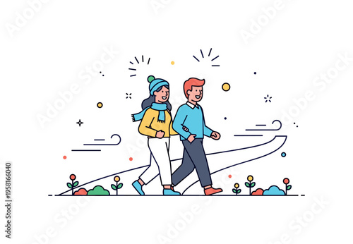 Spring park stroll featuring two smiling figures in light outfits walking along a curved path with tiny blooming flowers and soft breeze lines around. The