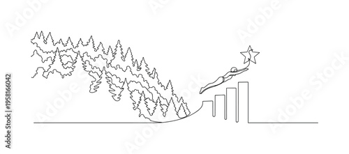Mysterious Forest Scene. Minimalistic one-line drawing silhouette of dense forest with layered tree shapes creating depth and mystery, continuous single black