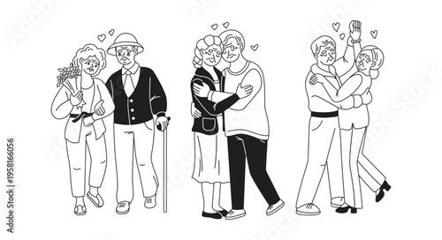 Charming black and white sketch featuring three elderly couples expressing love and affection. Each pair is depicted enjoying tender moments, symbolizing enduring romance.