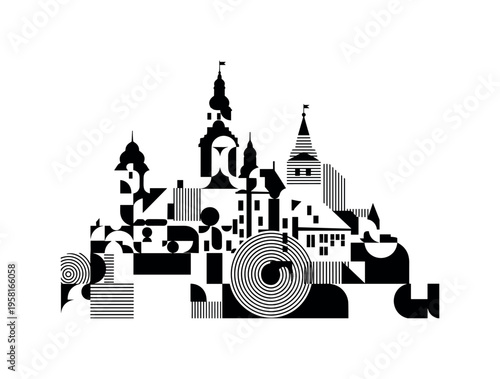 historic European castle, geometric lines circles and abstract blocks illustrating strength and heritage, black and white retro realistic castle layered with