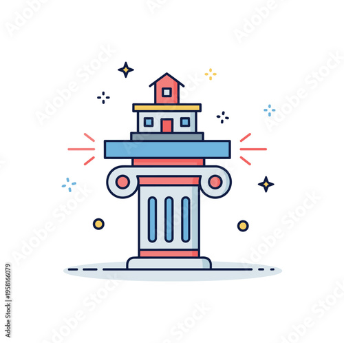 Foundation support symbol featuring a pillar base holding a small building structure above it. Gentle spark accents emphasize strength, stability and reliable