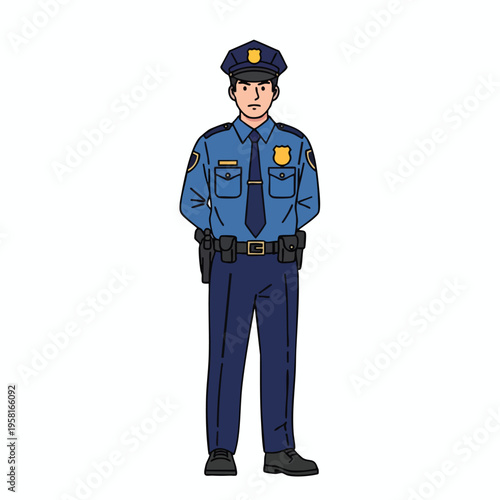 Full body illustration of a police officer in uniform, standing with hands clasped behind back