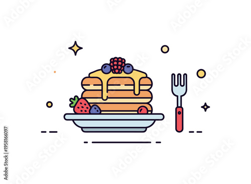 Brunch table pancake serving featuring a simple plate with stacked pancakes topped with berries and a small fork beside it, conveying ready to serve comfort