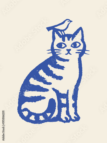 Cat with bird naive hand drawn vector illustration