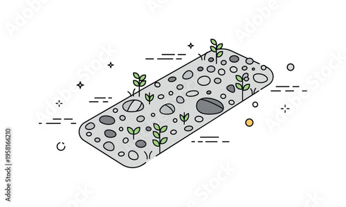 Pebbled path illustration with small scattered stones, tiny decorative plants, and subtle motion lines, suggesting gentle walking, outdoor nature, and serene
