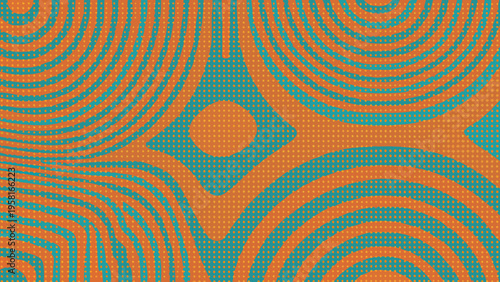 Abstract swirling pattern with orange and teal dots creating optical illusion