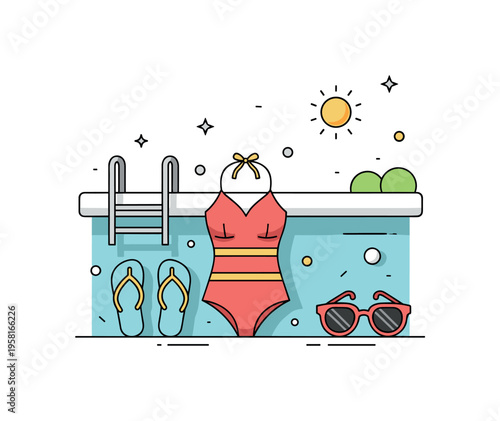 Poolside summer outfit showing a swimsuit paired with flip flops and sunglasses while a tiny sun icon radiates warm relaxed vibes. The illustration captures