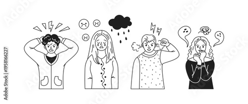 Illustration of four individuals with varied emotional expressions, including anger and sadness. Set against a plain background, capturing the essence of human emotions vividly.