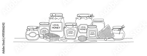 Local Honey and Jars. Minimalistic one-line drawing honey jars and products arranged at a stall, continuous single black line on white background, simple