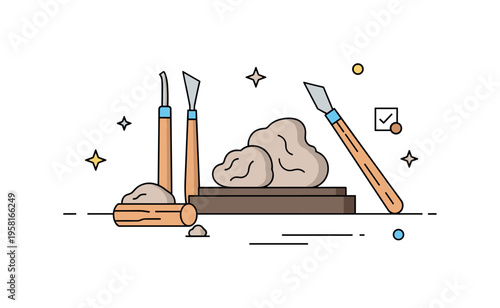 Sculpture and clay tools arranged around a small unfinished clay form while sculpting tools and a wooden modeling stick rest nearby. Calm studio