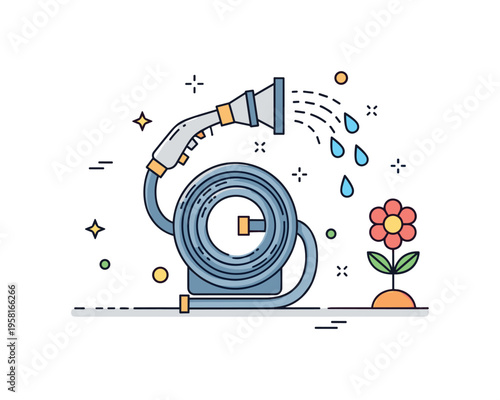 Garden hose watering concept centered on a coiled hose with a spray nozzle and flowing droplets toward a flower, expressing everyday lawn care and plant