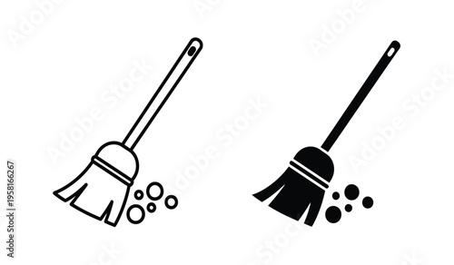 Silhouette of two brooms with dust particles in a cleaning motion depicted in a simple black and white illustration style silhouette