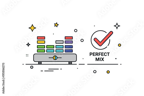 Balanced audio levels illustrated with a small equalizer bar set and a checkmark badge labeled ?Perfect Mix?. The visual metaphor highlights well adjusted