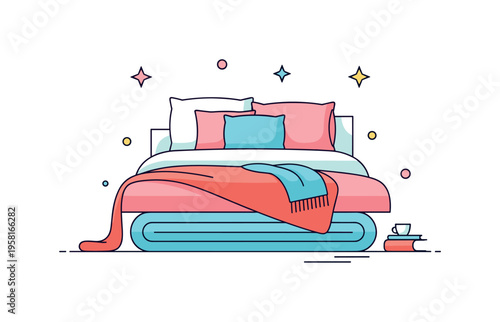 Layered bedding comfort created by a vibrant throw placed across the foot of the bed. Soft pillows and gentle decorative stars emphasize warmth, rest and