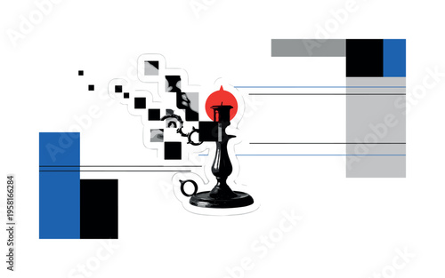 Black and white antique candle holder silhouette transforming into abstract geometric blocks on one side, bright red circular accent highlighting the flame