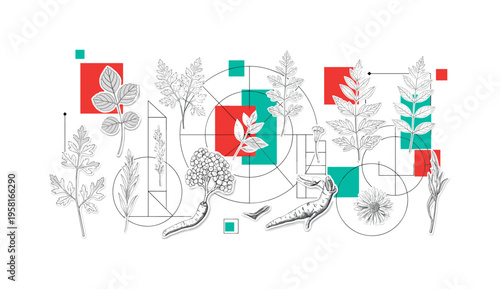 retro collage of herbal potion ingredients like leaves and stems arranged on table, black and white realistic objects with white cut-out outline, intersecting
