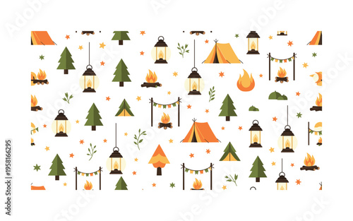 Camping lanterns glowing at night seamless pattern, hanging lanterns, tiny stars and simple camping gear arranged in a repeating pattern, white background with