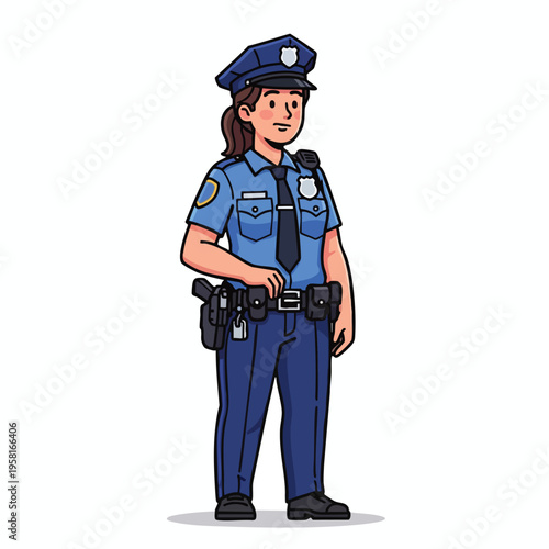 Cartoon woman in police uniform with utility belt and holster