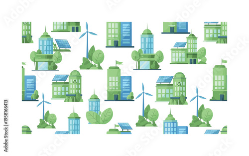 green architecture buildings with solar panels wind turbines leaves and smart windows stylized as eco friendly city icons, flat vector rounded shapes, bright