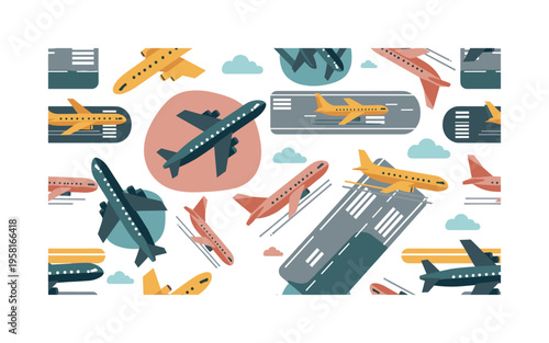 runways and airplanes seamless pattern, repeating pattern, surface design, textile print, modern illustration of planes taxiing, taking off, and landing on