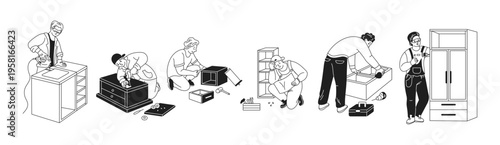 Illustration of diverse group of people assembling various furniture with focus and teamwork. Black and white line art style. Demonstrates DIY home projects.