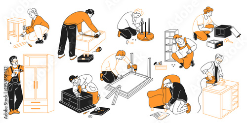 Various individuals are assembling furniture with tools in handdrawn style. The characters are focused and engaged. The color scheme is orange and black, creating a modern and clean look.