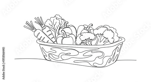 Mycelium Food Packaging. Minimalistic one-line drawing biodegradable food container made from mushroom-based material holding vegetables, continuous single