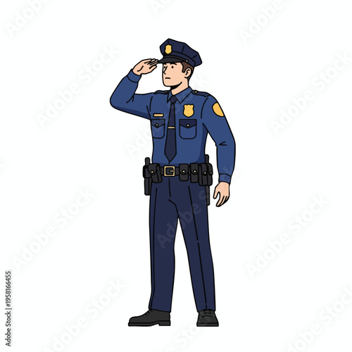 A male police officer in uniform salutes smartly against a white background