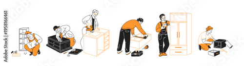 Illustration of diverse people assembling various furniture pieces with focused expressions. Monochrome and orange color scheme. Perfect for DIY and home improvement themes.