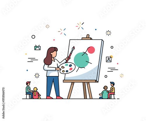 Creative live painting session featuring an artist holding a palette and brush while standing before a partially finished canvas. Small spectators and spark