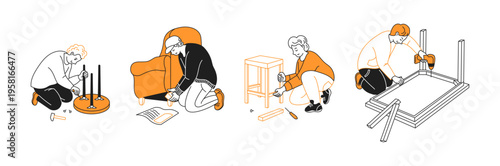 People enthusiastically assemble various furniture pieces showcasing teamwork. Line art and vivid colors bring a modern touch, representing DIY projects and crafting skills.