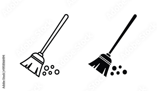 Silhouette of two brooms sweeping up debris in a simple black and white illustration