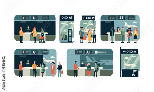 airline check-in and gates seamless pattern, repeating pattern, surface design, textile print, modern illustration of ticket counters, boarding gates, signage,
