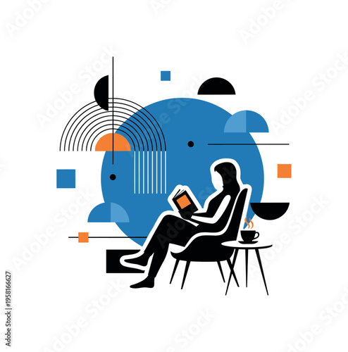 person relaxing with a book and coffee, black and white cut-out objects with white outline effect, large blue circle behind the chair symbolizing