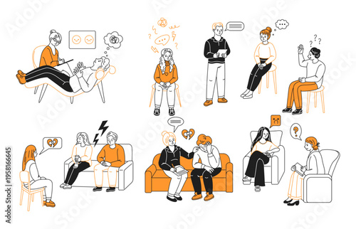 Different therapy sessions and counseling scenes illustrated with orange and black outlines. Expressions convey emotions like confusion, sadness, and reflection in a stylized way.