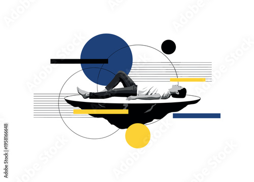 black-and-white person lying relaxed on a simple abstract shape like a floating platform, circular forms and horizontal lines symbolizing stillness and