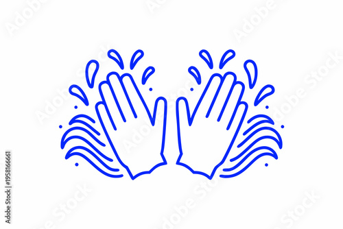 Two hands clapping with water splashes in a linear blue style