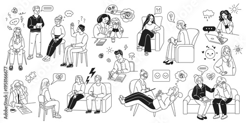 Set of diverse therapy and counseling illustrations showing clients and therapists engaged in different sessions. Black and white line art emphasizes emotional connection.