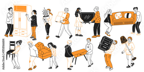 A diverse group of people collaborating to move various furniture pieces and household items. The illustration emphasizes teamwork in a vibrant style.